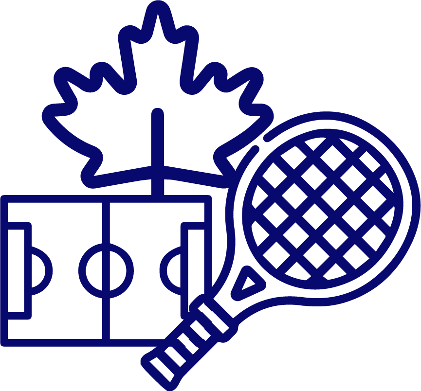 Icono azul de una raqueta, una cancha y una hoja típica de Canadá