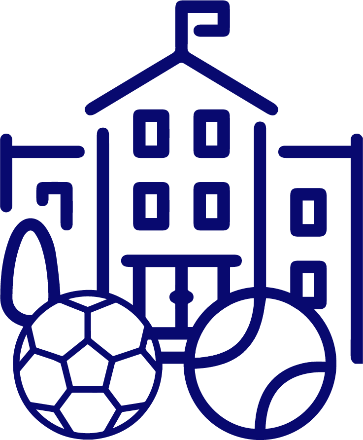 Icono azul de una pelota de tenis, una pelota de fútbol y un edificio