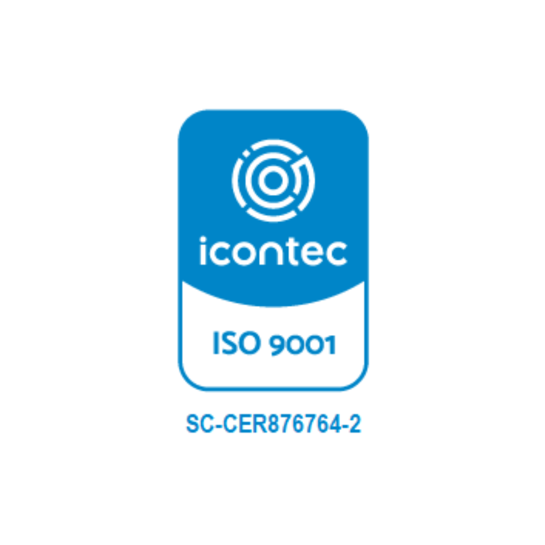 Logo ICONTEC ISO 9001 en colores azul claro y blanco