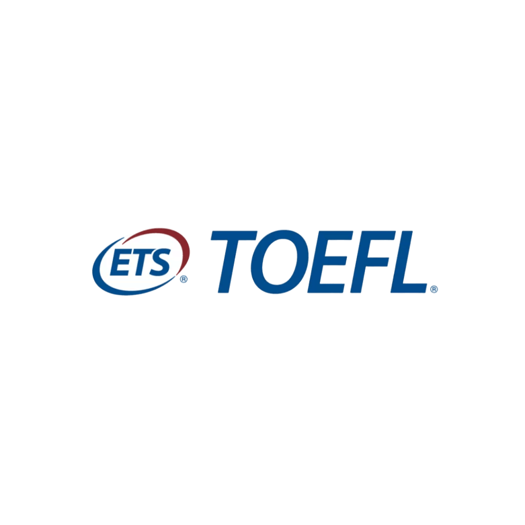 Logo de TOEFL en letras azules y un pequeño logo en la parte izquierda que dice ETS