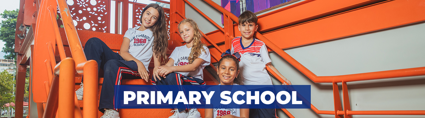 Banner con estudiantes de Primary School, sentados en las escaleras que dirigen al segundo piso de los contenedores de artes, sonriendo mientras miran a la cámara